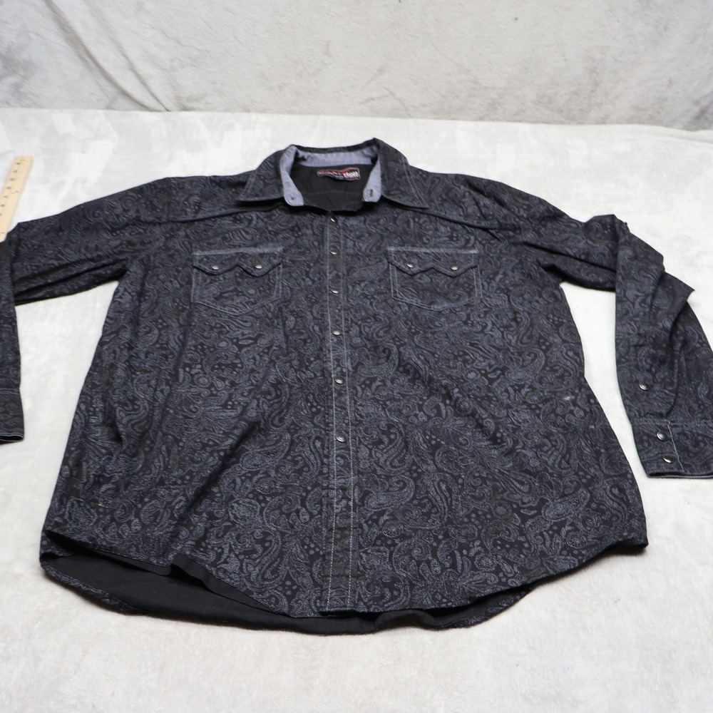 Rock & Roll Cowboy Shirt Mens XL Black Paisley Snap Front Western Button Up Boho